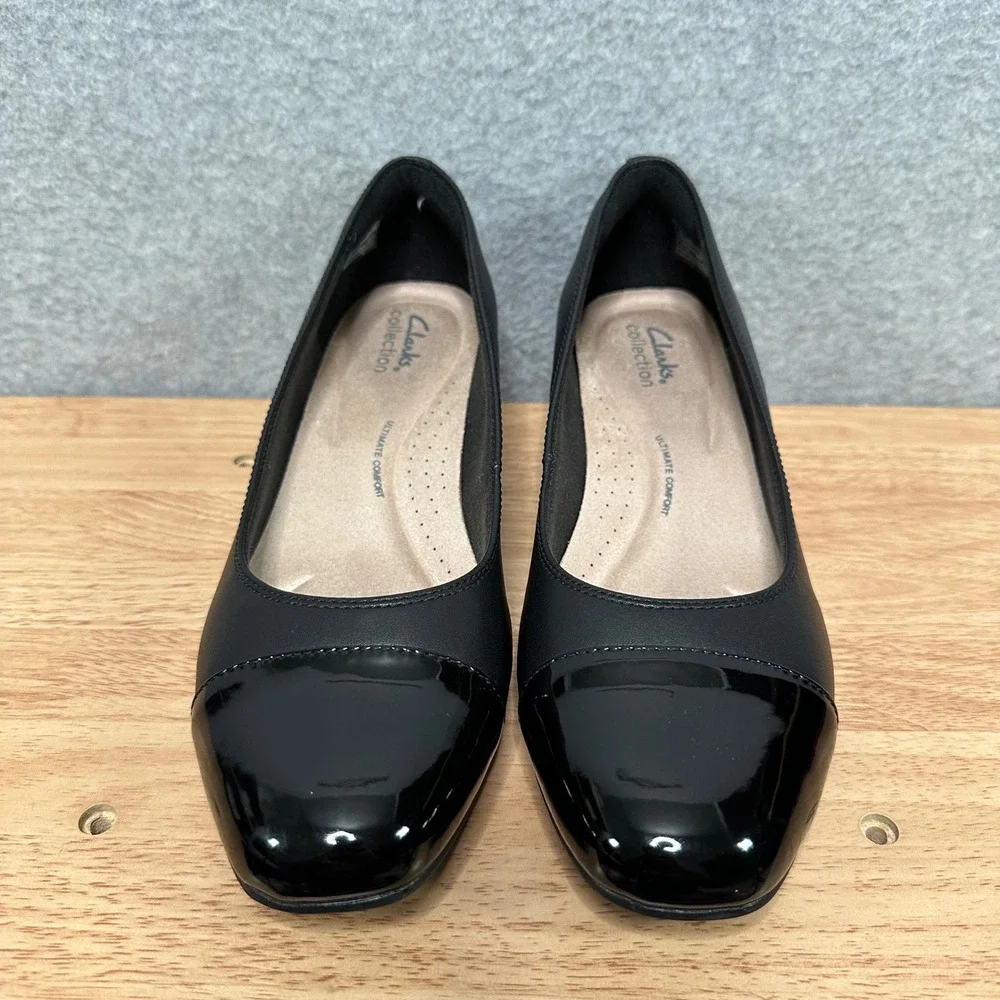 Clarks Iridessa May Black Leather Cap Toe Block Heel Pumps Womens 9.5‎ M